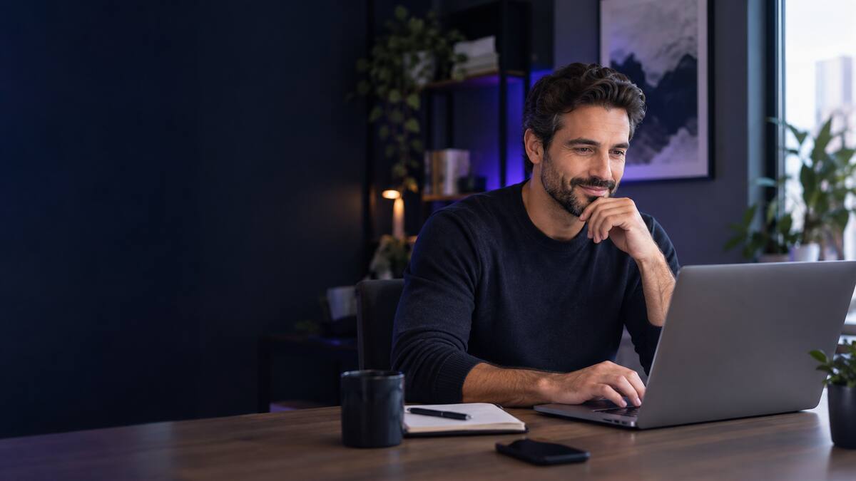 Business owner reviewing prospect results on a laptop